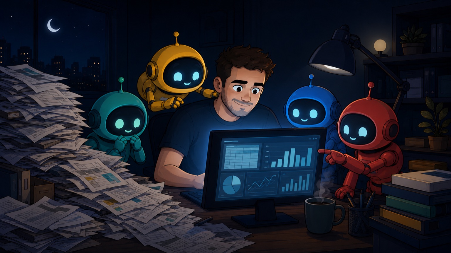 Ilustração em estilo cartoon: numa madrugada silenciosa, o autor do diário vê o primeiro painel funcionar na tela — planilhas bagunçadas virando números organizados —, cercado pelos quatro robôs assistentes coloridos e curiosos.