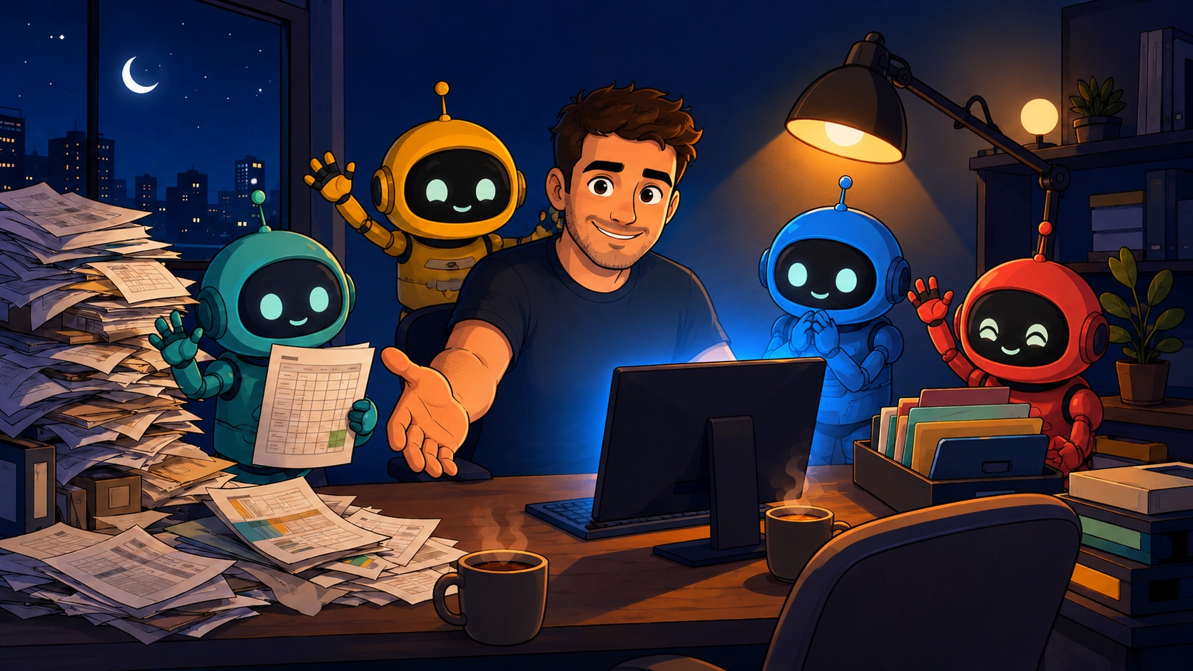 Ilustração em estilo cartoon: o autor do diário dá as boas-vindas ao leitor na sua escrivaninha de madrugada, com um gesto convidativo e uma cadeira vazia ao lado, cercado por quatro robôs assistentes coloridos.