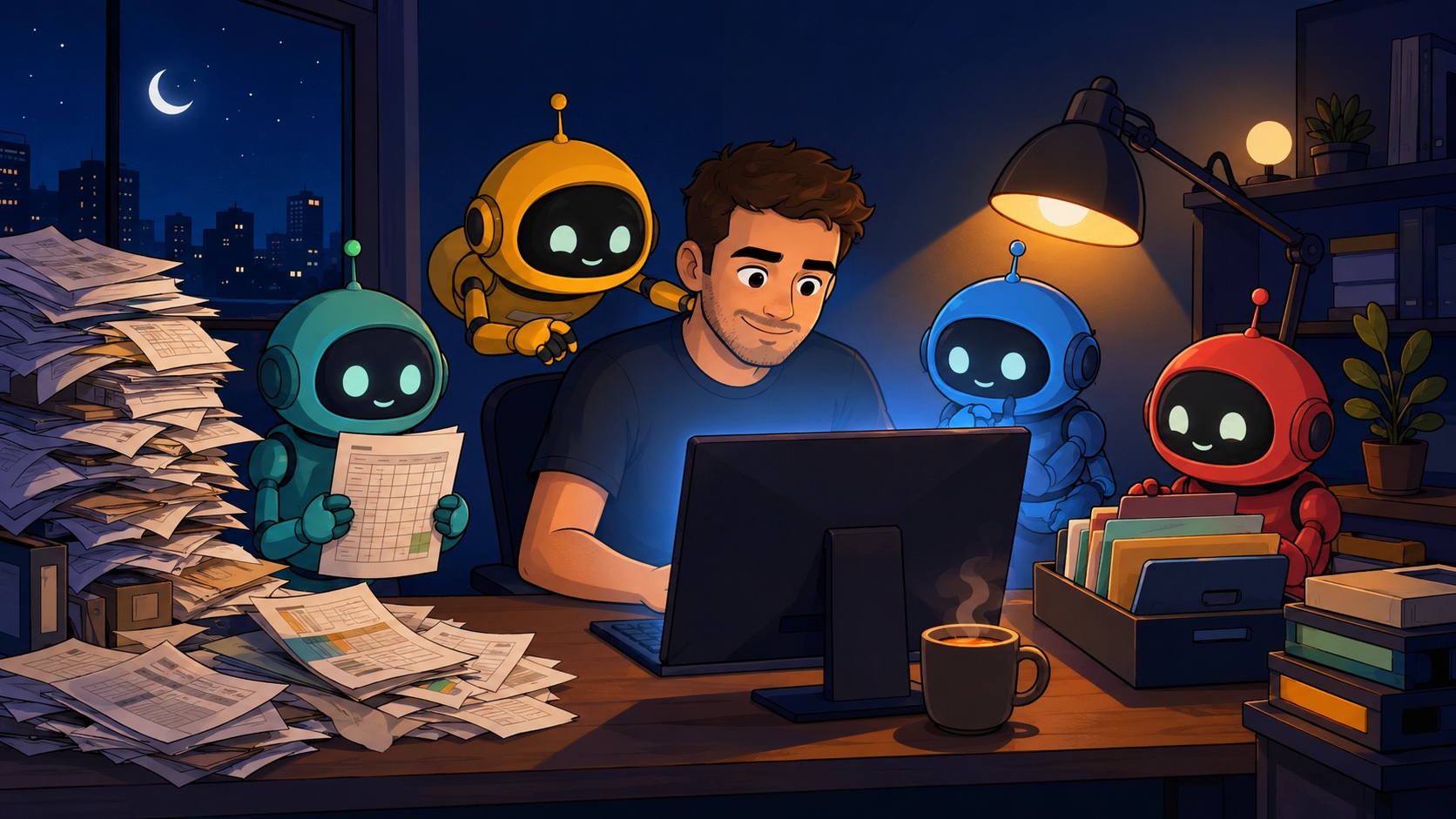 Ilustração em estilo cartoon: um homem trabalhando de madrugada no computador, cercado por quatro robôs assistentes coloridos, com uma pilha de planilhas ao lado — a jornada das planilhas aos robôs.